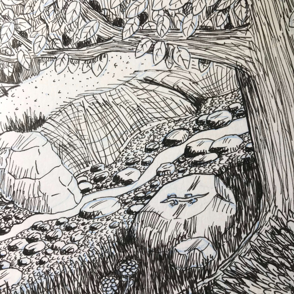 Inked comic image of stream running along path