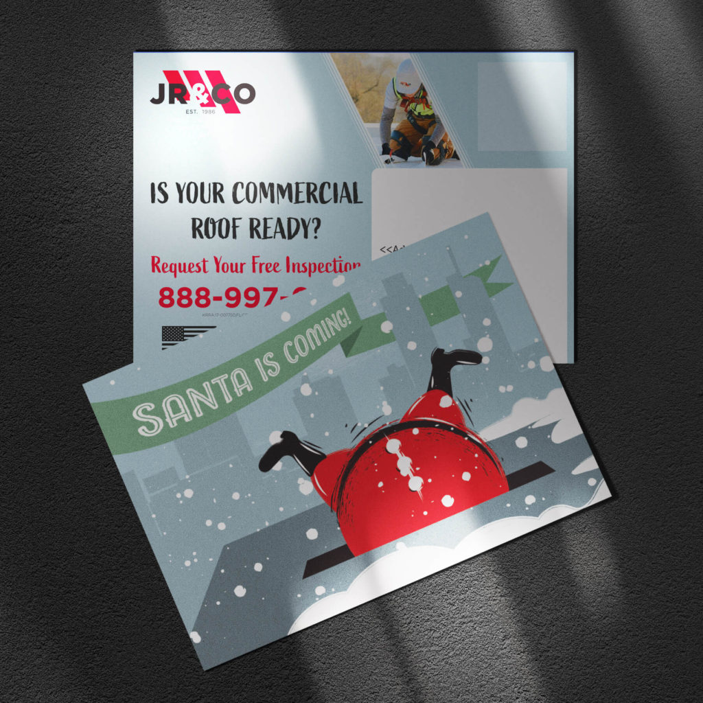 Marketing Mailer Postcard with an illustration of Santa falling into a hole on a roof